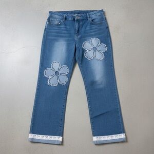 Boho Floral Patch Jeans 2XL Light Wash Denim Straight Leg Cottagecore Lace Hem